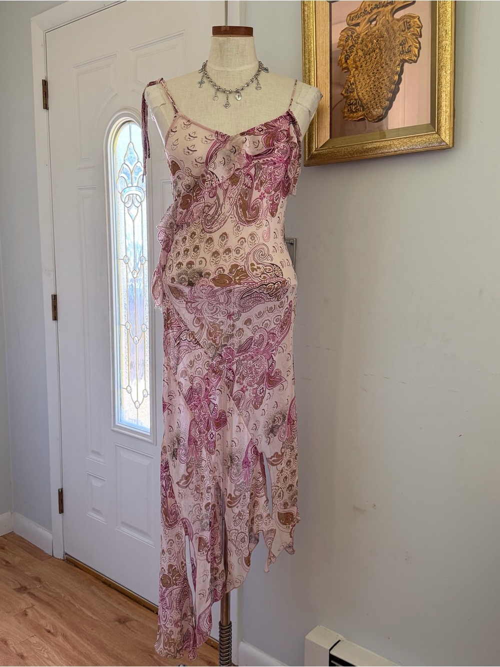 Y2K 90’s Fairycore Pink paisley asymmetrical sheer midi dress brand unknown EUC